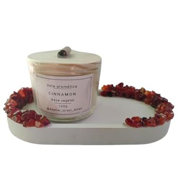 Imagem de Vela Aromática Cinnamon, Base Vegetal, 120g, Fragrância Canela mais bandeja decorativa com Pedras de ágata de fogo