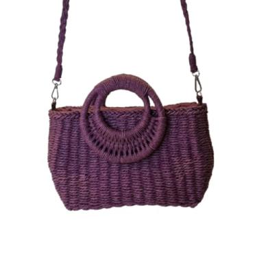 Imagem de Bolsa Artesanal Meia Lua em Palha Natural com Alças Ajustáveis, Roxo, 31x20x10cm, com Zíper e Bolso Interno
