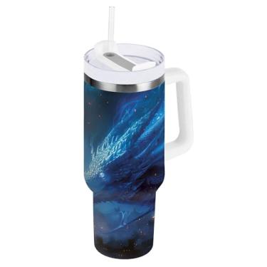 Imagem de xigua Copo vintage com estampa de dragão 1,134 g com tampa e canudo, aço inoxidável de vácuo duplo isolado garrafa de água esportiva suporte para copo de café de viagem à prova de vazamento para