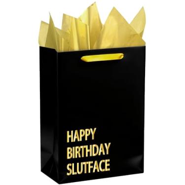 Imagem de WRAPAHOLIC Sacos de presente de aniversário engraçados de 33 cm com papel de seda - sacos de papel preto dourado feliz aniversário slutface para embrulhar adultos homens mulheres presente
