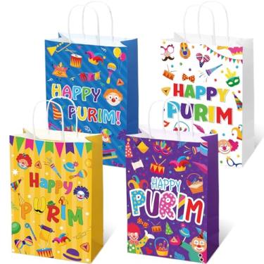 Imagem de Sinload 48 peças de saco de presente Purim a granel 4 sacos de presente impressos multicoloridos com alças de papel para feriados