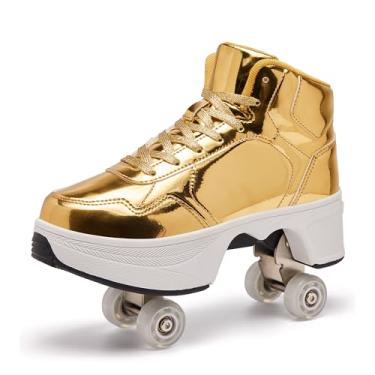 Imagem de ANEFUN Tênis de patins para mulheres, meninas, meninos e homens, 4 rodas, moderno, profissional, ambientes internos, quadriciclates para crianças e adultos, presentes de Natal/aniversário, Dourado, 11