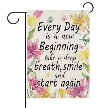 Imagem de Dyrenson Bandeira de jardim decorativa floral inspiradora, Every Day is a New Beginning Lily Flower Butterfly Yard Outside Home Decoration, Motivational Burlap Outdoor Small Decor Dupla Face 12 x 18