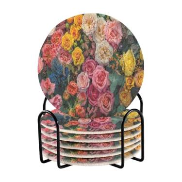 Imagem de Qilmy Conjunto de 6 peças de porta-copos de rosas coloridas bonitas ou porta-copos de bar para bebidas, porta-copos de fazenda ou porta-copos de mesa rústicos, porta-copos modernos de algodão para o