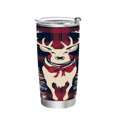 Imagem de Wassud Fundo xadrez com veado (1) copo de 340 g com tampa e canudo, copo isolado a vácuo de parede dupla de aço inoxidável caneca de café de viagem para bebidas frias e quentes