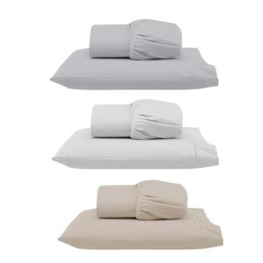 Imagem de Kit 3 Jogos de Lençol Solteiro com Elástico e Fronha Bordada em Ponto Palito, 6 Peças em Micropercal 300 Fios 100% Poliéster (Solteiro Versat (Cinza/Branco/Cáqui))