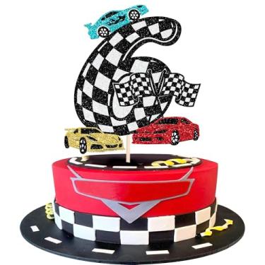 Imagem de Rsstarxi 1 Pack Race Car 6th Birthday Cake Topper Glitter Black Cars Birthday Decorations Hotwheels Cake Decorations for Boys Girls Six Years Old Checkered Flag Cars Themed Party Decoration