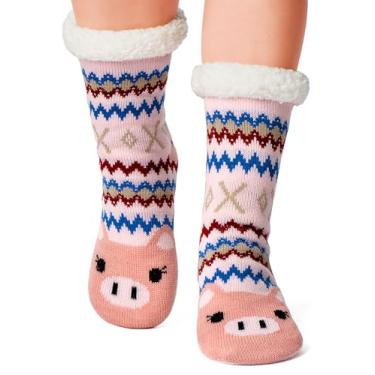 Imagem de cosyone1997 Meias felpudas para mulheres, meninas, crianças, com aderência, forradas de ovelha quente, para cabana de animais, antiderrapante, para uso interno, presentes de Natal, inverno