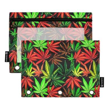 Imagem de GAIGEO Pasta de lápis floral animal com 3 anéis, folhas de cannabis, vermelho, verde, zíper, lápis, bolsas escolares transparentes, bolsos pastel, 25 x 18 cm, 2 pacotes