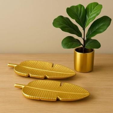 Imagem de Kit Centro de Mesa Decorativo em Resina Dourada com 2 Folhas — Bandeja Decorativa Luxo para Sala de Estar e Mesa de Jantar
