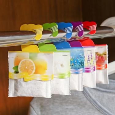 Imagem de 5 peças de cabides de sachê de lavanda 5 peças, suportes de sachê para pendurar várias cores, clipes de haste que economizam espaço para varão de toalha de banheiro de armário, limão