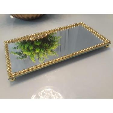 Imagem de Bandeja Decorativa Espelhada Luxo com Pérolas e Strass para Sala Banheiro e Lavabo (Perola Dourada,P 19 × 12)