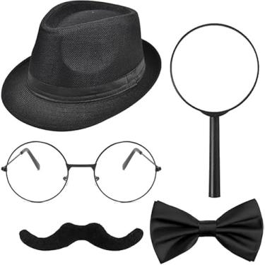 Imagem de Conjunto de fantasia de detetive, 5 peças, acessórios de fantasia vitoriana Sherlock Holmes para adultos, kit de cosplay de Halloween, Preto, Tamanho Único