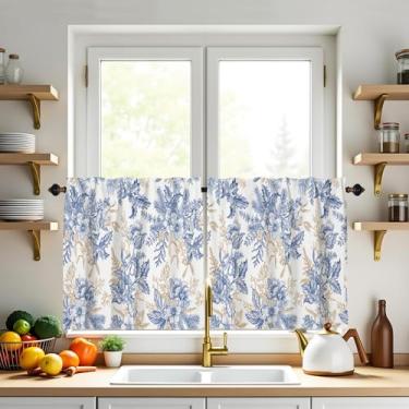 Imagem de XYTIDUKEJI Cortinas de cozinha florais azuis de 61 cm de comprimento, cortinas curtas, pequenas janelas, tratamentos de luz, bolso para varão com filtro de luz, para pia, sala de estar, banheiro, casa