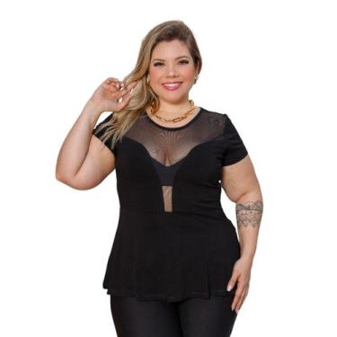 Imagem de Blusa Feminina Peplum Com Decote Em Tule Plus Size - Moda Mazal, Preto
