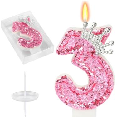 Imagem de Velas de aniversário de coroa rosa, velas com número de glitter para bolo número 3, topo de bolo para velas temáticas de jogos, decoração de aniversário, suprimentos de celebrações de aniversário (3)