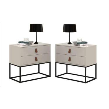 Imagem de Kit 2 Mesa de Cabeceira Estilo Industrial 2 Gavetas Puxador em Couro P