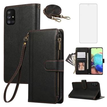 Imagem de Asuwish Capa de celular para Samsung Galaxy A71 5G com zíper carteira celular com protetor de tela de vidro temperado alça transversal cordão flip porta-cartão de crédito couro A 71 G5 71A S71