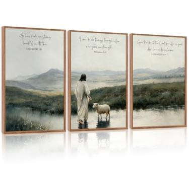 Imagem de IARTTOP Conjunto de arte de parede em tela emoldurada com versículos da Bíblia cristã, decoração de parede vintage Jesus com cordeiro, escritura religiosa, paisagem de montanha, impressão de arte para