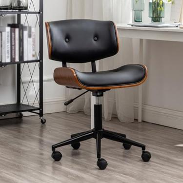 Imagem de AkosOL Cadeira de escritório com rodas Comt Cadeira de mesa gonômica, cadeira giratória sem braços, cadeira de negociação de couro com encosto baixo, cadeira de almofada macia, quarto de estudo, Nero
