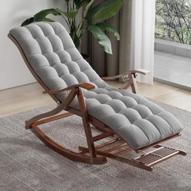 Imagem de Cadeira de balanço estofada, cadeira reclinável dobrável de madeira em vime, cadeira de balanço confortável com apoio para os pés e acolchoada macia, poltrona de pátio para relaxar (cinza, B)