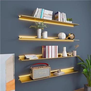 Imagem de Prateleiras de parede flutuantes, ferro com luzes, prateleira de exibição de divisória de metal, produtos de estante de parede simples, prateleiras de parede laminadas com palavras luminosas (preta