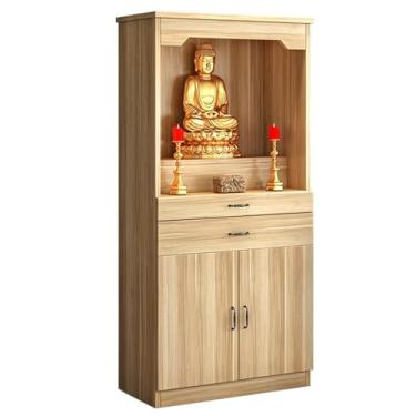 Imagem de Mesa de armário de altar budista de madeira maciça, santuário de meditação de 60 cm com armazenamento, mesa de oferta chinesa para orações, adoração, adivinhação - acabamento natural