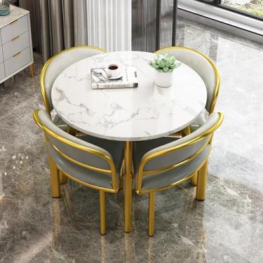 Imagem de Conjunto de mesa de jantar redonda com cadeiras, combinação de mesa de recepção e cadeira, mesa de conferência moderna e conjunto de 4 cadeiras, para lounge, sala de estar, cozinha (azul)