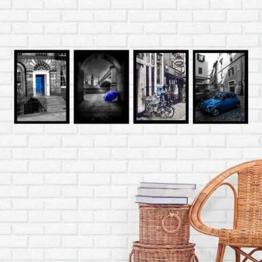 Imagem de Kit 4 Quadros Fotografias Azuis 45X34Cm Com Vidro Preta