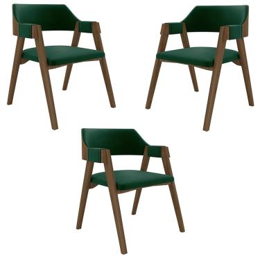Imagem de Kit 3 Cadeiras Sala de Jantar e Jogos Carteados Madeira Maciça Poker Veludo Verde/Nogueira G42 - Gran Belo