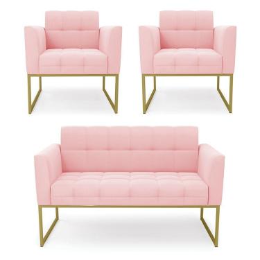 Imagem de Kit 1 Sofá Namoradeira E 2 Poltronas Elisa Suede Base Metálica Industrial Dourada Cor Rosa Bebê