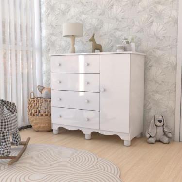 Imagem de Cômoda Infantil Sueño 1 Porta 4 Gavetas 100% Mdf Branco Brilho - Panor