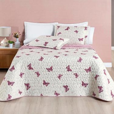 Imagem de Kit Cobre Leito Colcha Casa Scarpa Celi Queen Dupla Face Micropercal 200 Fios 3 Peças Borboletas Rosê