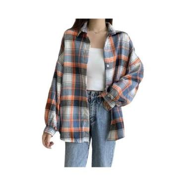 Imagem de Camisa Jaqueta Xadrez Tartan Oversized Feminina Manga Longa Com Botões