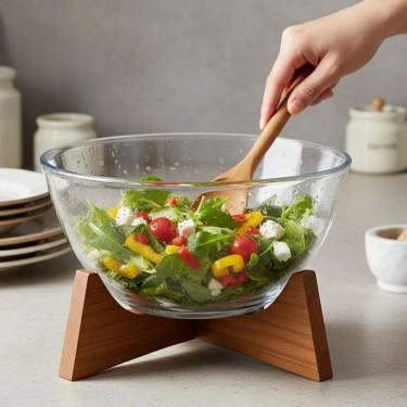 Imagem de Bowl, Saladeira, Tigela Vidro  Borossilicato Suporte Madeira Acacia 2,7litros e 23x23x15cm