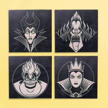 Imagem de Kit com 4 Quadros Vilões da Disney Tpc para Decoração em Madeira Compensado Naval 19CM X 19CM