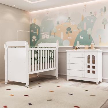 Imagem de Quarto Bebê Berço Americano 3 em 1 Mirelle Cômoda Infantil Fraldário Selena 100% MDF Branco Carolina Baby