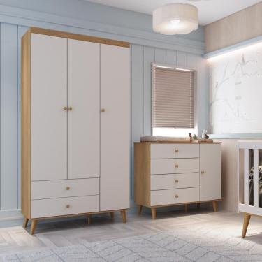 Imagem de Quarto Bebê Retrô Lígia Cômoda Infantil Fraldário Guarda Roupa 3 Portas 100% MDF Off White Carolina Baby