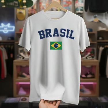 Imagem de Camiseta Masculina Branca Bandeira Brasil Algodão Premium Estampa Peit