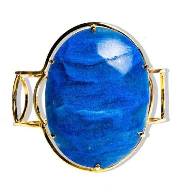 Imagem de Bracelete Fixo Pedra Quartzo Azul Grande Dourado - Cristaisdecurvelo