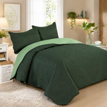 Imagem de Kit Colcha Casal Dupla Face Verde Musgo Patchwork Ultrasonic Realce Premium 3 Peças 220x240cm.