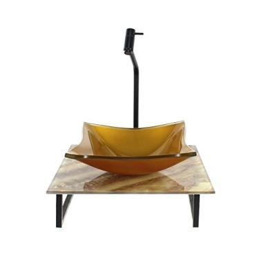 Imagem de KIT CUBA DE VIDRO QUADRADA 10MM COM TAMPO DE VIDRO 40CM X 40CM MÁRMORE MARFIM E SUPORTE PRETO