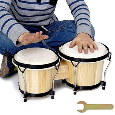Imagem de Bongos Bongo Tambores 2 Conjunto de 6" e 7" Bongos para adultos, Instrumentos musicais de percussão latinos bongos de madeira tradicionais com chave de ajuste