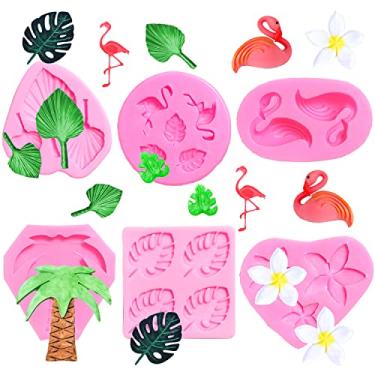 Imagem de Doumeny Conjunto de moldes para fondant de flamingo 6 peças molde de silicone folha de leque monstera molde de bolo folha de palmeira tropical havaiana molde de chocolate coqueiro frangipani plumeria flor molde de doces para bolo de luau de verão
