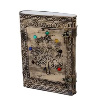 Imagem de Jornal de couro enorme Árvore da vida - Livro das sombras em branco de pedra - Diário de couro feito à mão da renascença medieval - Caderno medieval antigo - Couro bruxa diário feito à mão grande 10 em relevo - Diário de couro encadernado com pedra de bloqueio para homens e mulheres - Diário antigo 