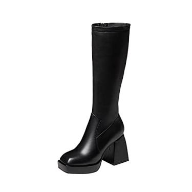 Imagem de TinaCus Botas femininas de couro feitas à mão clássicas com bico quadrado, salto plataforma lateral com zíper na altura do joelho, Preto, 7