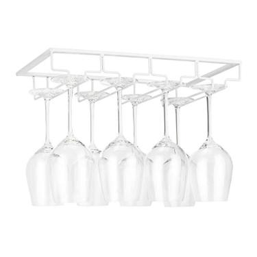 Imagem de FOMANSH Suporte para copos de vinho sob o armário – suporte de metal organizador de copos de vinho para bar cozinha marrom 4 fileiras branco