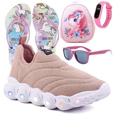 Imagem de Tenis Infantil De Led Calce Facil Elastico Meninas Feminino + Mochila Chinelo Oculos Relogio Cor:Rosa;Tamanho:23