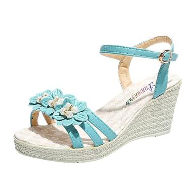 Imagem de Sandálias femininas e strass primavera verão flor salto anabela aberto sandálias femininas sapatos moda casual sandálias femininas (azul, 8,5)