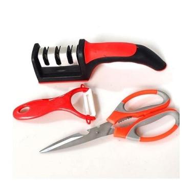Imagem de Shopmix Kit de Cozinha Amolador de Faca, Tesoura, Descascador Vermelho - Aço Inoxidável